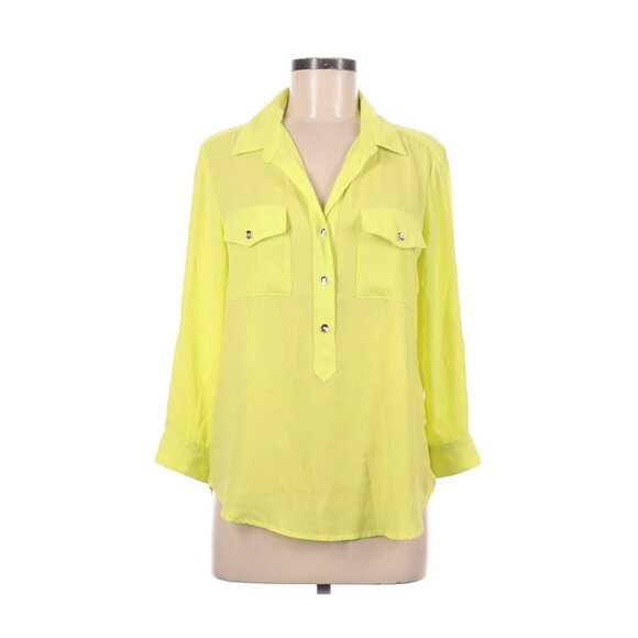 Hutch Tops - Hutch Lime Green Button-Front Blouse With Long Sleeves & Collared Neckline